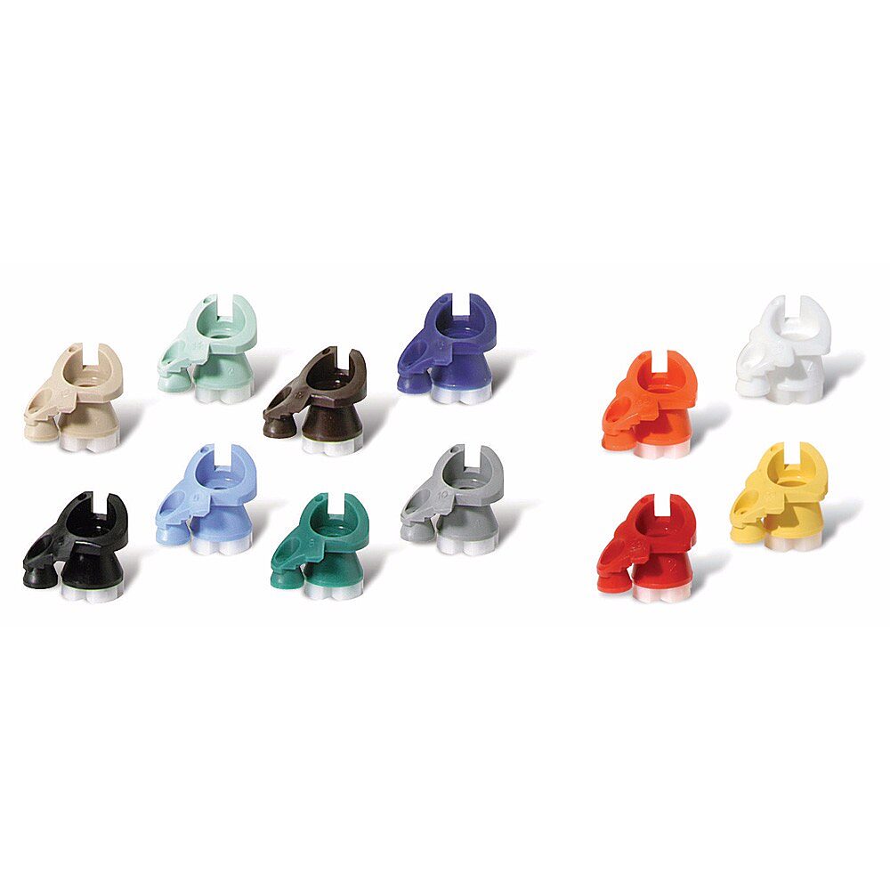 Foto keluarga nozzle Rain Curtain 8005 dari Rain Bird, bukan isi satu paket. Kit Low, Standard, dan High Flow berbeda; kelengkapan kit perlu dikonfirmasi.