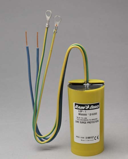 Foto LSP-1 berkode D16350 dari lembar spesifikasi resmi Rain Bird. Foto menunjukkan line surge protector, bukan decoder valve atau sensor.