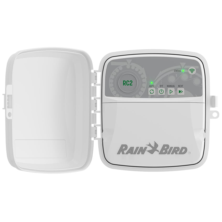 Referensi keluarga controller Rain Bird RC2; kabel daya dan label regional mengikuti varian