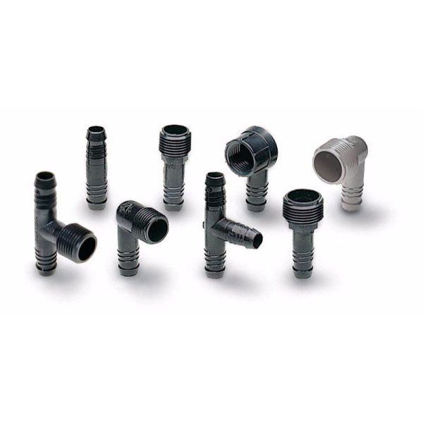 Foto keluarga fitting spiral barb SB, berisi beberapa bentuk berbeda. Bukan satu paket; pilih elbow, coupling, atau tee sesuai kode dan ukuran.
