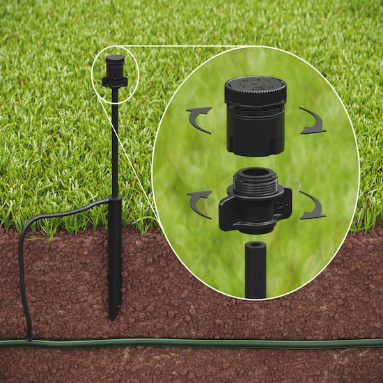 Contoh instalasi nozzle SQ pada PolyFlex dan stake; bukan isi paket adaptor