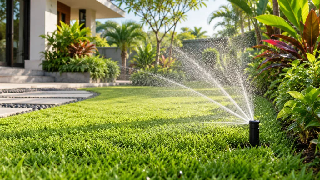 Sprinkler otomatis menyiram rumput taman hijau dalam panduan instalasi Rain Bird Mandaka Garden