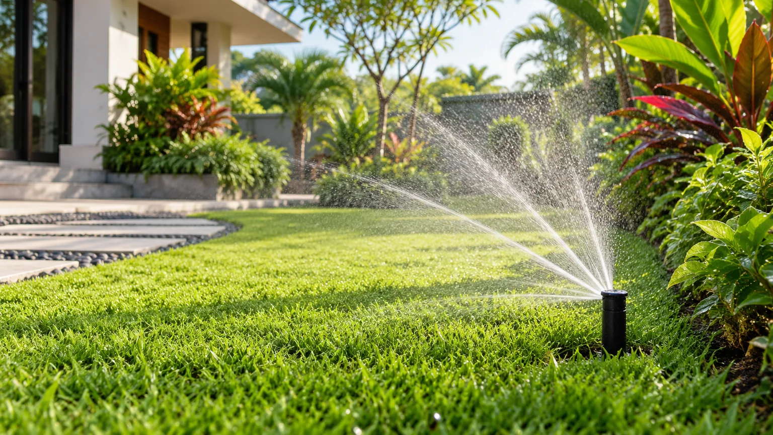 Sprinkler otomatis menyiram rumput taman hijau