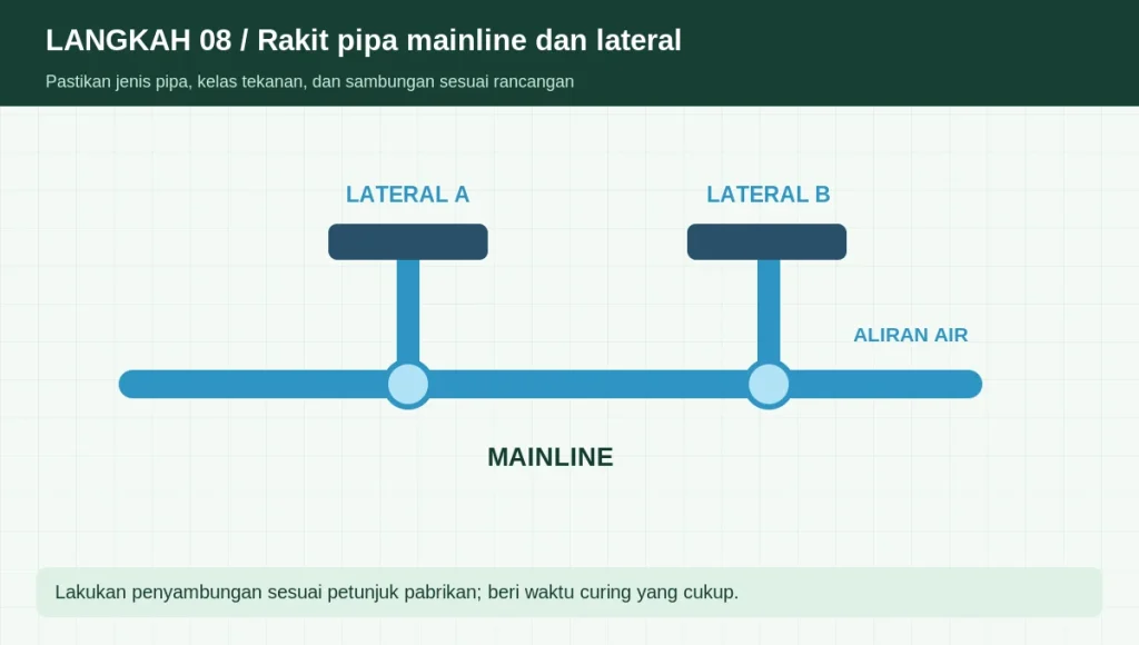 Skema mainline dan dua cabang lateral dengan sambungan tee dan penunjuk arah aliran